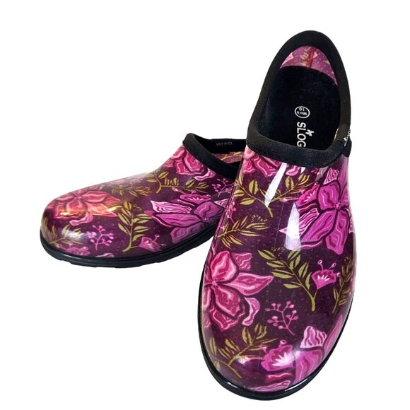 Sloggers Womens Size 10 Waterproof Garden Clogs Purple Floral Print Made In USA - Picture 2 of 12
